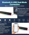 Wired USB Powered Bluetooth Computer Sound Bar With RGB Lighting And Volume Knob shown with connection setup guide.