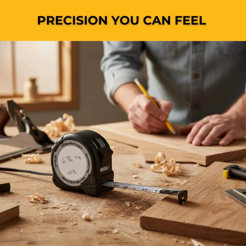 16-Foot Flatback Tape Measure With Left Or Right Readability PS-FLAT16 in workshop setting with wood shavings and tools