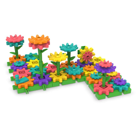 101 Piece Gear Building Set For Kids So They Can Build Twisting Gardens While Learning Cause Effect Sequencing And Early Engineering Hands On STEM Construction Toy Montessori Inspired Kid Friendly Fine Motor Play And Educational Engineering Gift showing colorful interlocking gears and bases forming a garden-like structure.