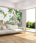 Living room with Safari Jungle Wall Mural For Kids Room In Watercolor Animals Style, Nursery Decor, 141 x 96 Inches, 7 Strips