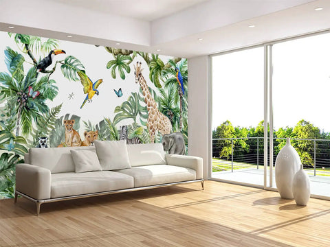 Living room with Safari Jungle Wall Mural For Kids Room In Watercolor Animals Style, Nursery Decor, 141 x 96 Inches, 7 Strips
