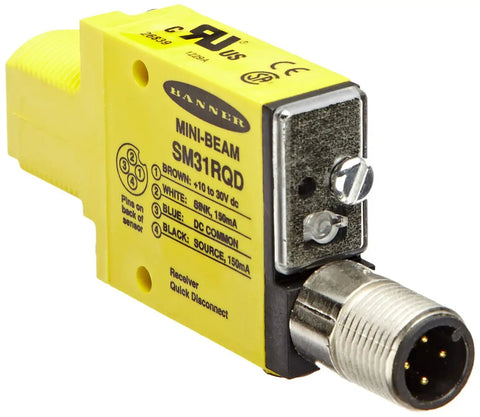 Mini Beam Photoelectric Sensor With Opposed Mode Receiver And 4 Pin Euro Style QD Connector, M18 yellow housing