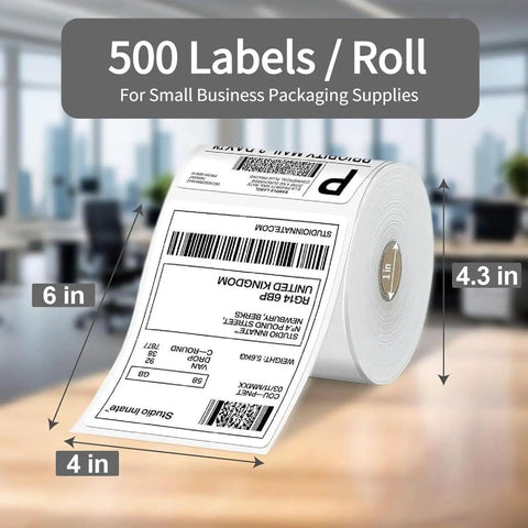 4x6 Direct Thermal Shipping Labels Roll, 500 Labels, BPA Free, Waterproof And Oil Resistant on office desk