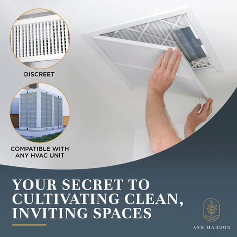 White Tea Scented Whole Home Air Freshener System For HVAC Filters And Ducts installed in ceiling vent, easy 6 pack filter fresheners