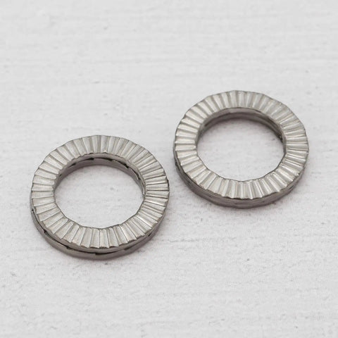 Heavy Duty M8 Wedge Locking Washers Set Of Twenty Double Stack Manganese Steel Hardware For Bolts And Nuts, showing two steel washers.