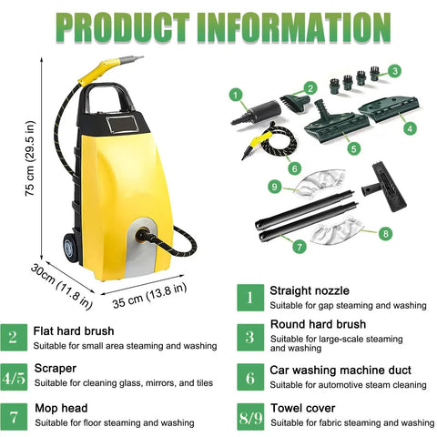 Hot Shot 3.5L High Pressure Steam Cleaner With Adjustable Pressure For Tough Grease And Deep Cleaning Includes Long Hose And Pro Accessories with various attachments and dimensions.