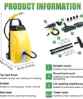 Kick Gunk To The Curb With This Badass Portable Steam Cleaner showing 9 attachments and product dimensions for versatile cleaning.