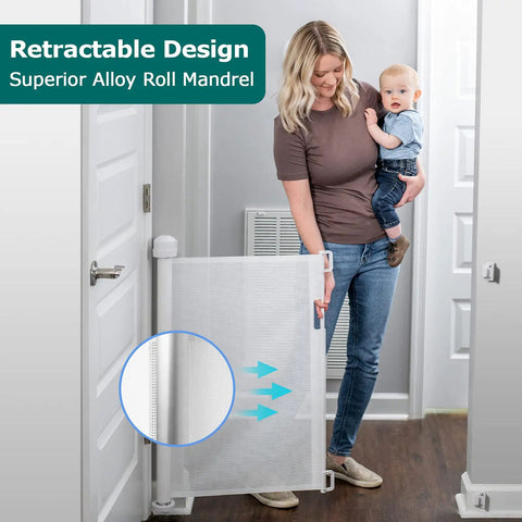 Retractable Baby Gate For Stairs And Doorways, Extra Wide Mesh Barrier Extends Up To 71 Inches, 33 Inches Tall, woman holding baby