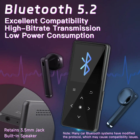 128GB Bluetooth MP3 Player With Built In Speaker All In One Portable Music Player showing Bluetooth 5.2 feature