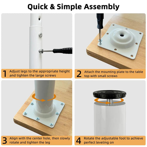 Quick assembly instructions for Heavy Duty Adjustable Table Legs 24 To 40 Inch Metal Base With Twist Adjust Leveling Pads Set Of 4.