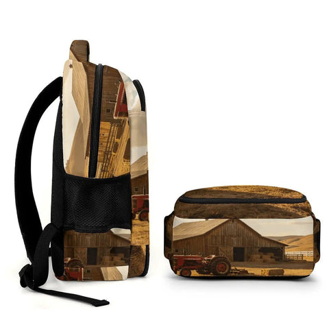 Side view of Tractor Barn Farm Landscape Printed Backpack for unisex everyday use with large capacity durable polyester daypack.
