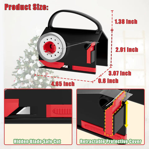 2 Pack Kickass Wrapping Paper Cutter And Tape Dispenser Set Delivers Rock Solid Straight Edges On Gift Wrap Every Time Includes Swappable Blades Zero Fuzz Ends Perfect For Holiday Present Wrangling Red And Black dimensions illustration with sizes displayed.