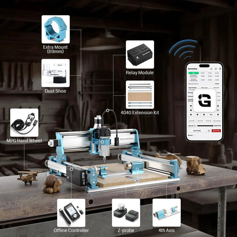 SainSmart Genmitsu 4040-PRO MAX CNC router with 710W motor and linear rails; offline controller shown.