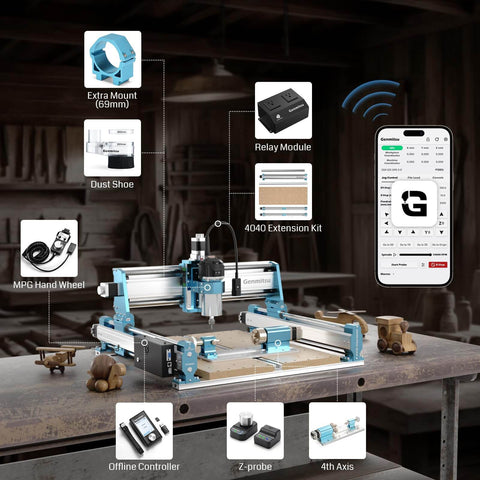 Next Gen 4040 Pro Max CNC Router With 710W Spindle And Linear Rail Drive, showing components and features.
