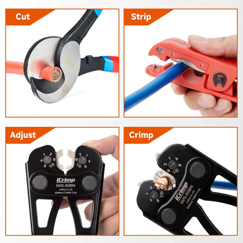 Heavy Duty Battery Cable Lug Crimping Tool For AWG 8 To 1/0 Copper And Aluminum Lugs, One Hand Adjustable Wheel, Non Welding Electrical Connection, Durable, Workhorse Quality, Easy To Use, Great For Auto And Marine Applications. Adjustable battery lug crimper for AWG 8-1/0 cables