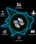 Customizable Gemstone Earplugs With 21 dB Noise Reduction for concerts, raves, sports; displayed with event icons and soundwave.
