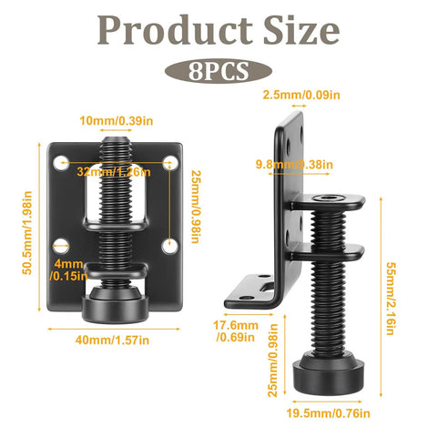 Eight Pack Adjustable Furniture Leveling Feet Set dimensions and size details with 2.2 Inch L Shaped Levelers in black metal.