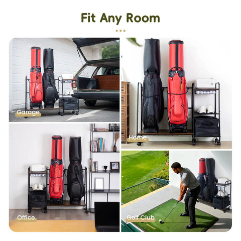 Garage Ready Golf Bag Storage Organizer for Two Bags with Wheels and Stable Feet in Various Settings