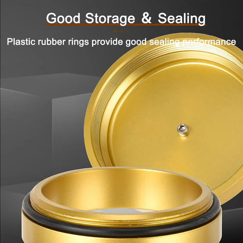 Wall Mounted Coffee Bean Dispenser With Hella Spacious Large Capacity Transparent Acrylic Jar In Slick Gold Finish For Busy Commercial Shops And Top Shelf Home Bars lid with plastic rubber rings for sealing.