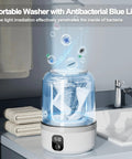 Solid Mini Portable Underwear Washer Featuring Rechargeable Battery And Ip67 Waterproof Frame For Dorm Apartment Rv Travel Deep Cleans Small Clothes Without Any Sweat Required in bathroom with blue light.