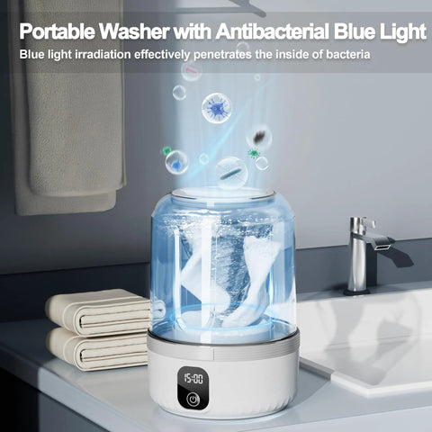 Solid Mini Portable Underwear Washer Featuring Rechargeable Battery And Ip67 Waterproof Frame For Dorm Apartment Rv Travel Deep Cleans Small Clothes Without Any Sweat Required in bathroom with blue light.