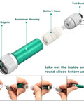 Disassembled view of green flashlight from Set Of 30 Mini LED Keychain Flashlights With 5 Bulbs, ultra portable aluminum design