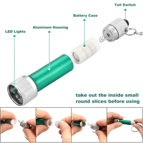 Disassembled view of green flashlight from Set Of 30 Mini LED Keychain Flashlights With 5 Bulbs, ultra portable aluminum design