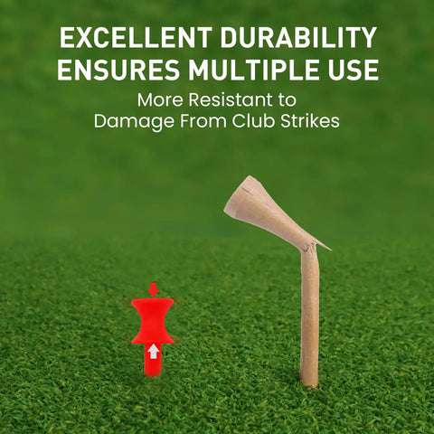 Comparison of unbreakable Step Down Plastic Golf Tees and broken wooden tees on grass