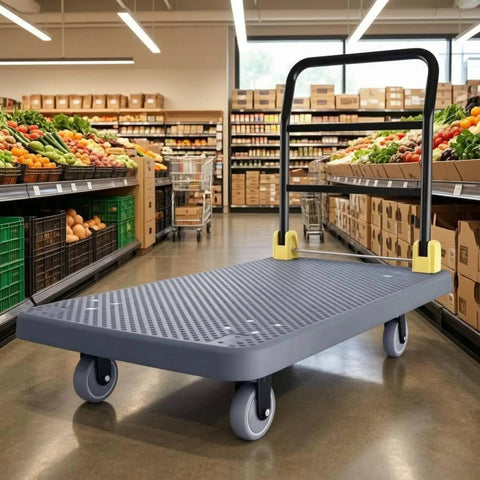 Heavy Duty Folding Flatbed Cart With Perforated Deck, 6-Inch Quiet Wheels And Brakes, Sturdy Hand Truck Trolley For Warehouse, Garage Or Home Use, Red Finish, Foldable Handle For Easy Storage And Smooth Rolling in grocery aisle