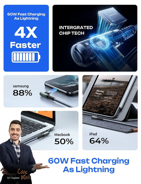 AINOPE USB-C to USB-C cable, 60W, 2-pack, 6.6 ft, braided nylon, shown charging multiple devices