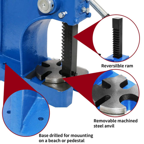 1 Ton Manual Desktop Punch Press Machine With 5.5 Inch Work Height Cast Iron Body for Stamping Bending Showing Reversible Ram