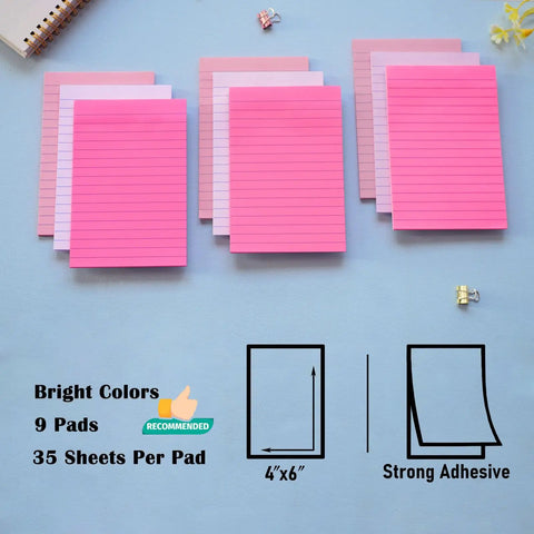 9 Pack 4x6 Lined Sticky Notes With Super Sticky Adhesive displayed on a table, pink themed colorful post-it notes for lists and planning.