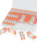 Heavy Duty Lever Wire Connectors Push In Electrical Nuts UL Certified For Secure Home Wiring Projects Quick Splice And Safe Connections That Are Totally Rad., 24 pc orange clear 20-12 AWG lever wire connectors in storage case
