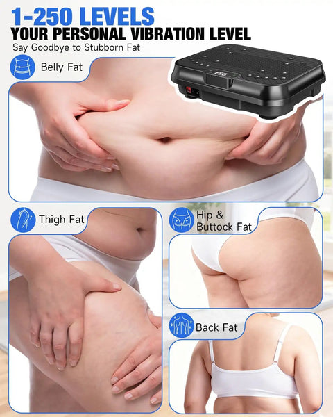 Vibration Plate Exercise Machine For Weight Loss With 250 Speed Platform Remote And Resistance Bands 450 Lb Capacity displayed with target areas.
