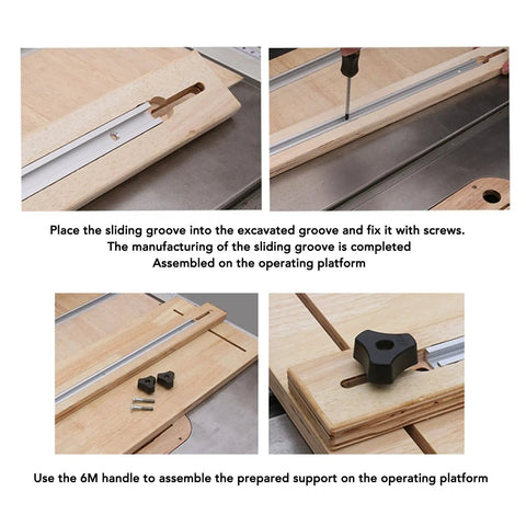 Assembly process of heavy duty aluminum T track miter jig for woodworking and CNC projects with saws routers and fences