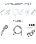 Handheld Shower Head With Hose In Spot Resistant Brushed Nickel Finish 6 Spray Patterns For Full Spray Downpour Relaxing Massage Massage Rinse And More No Sweat Easy Wall Mount Install Built To Last Bathroom Upgrade including handshower, 60 inch metal hose, handshower bracket, washers.