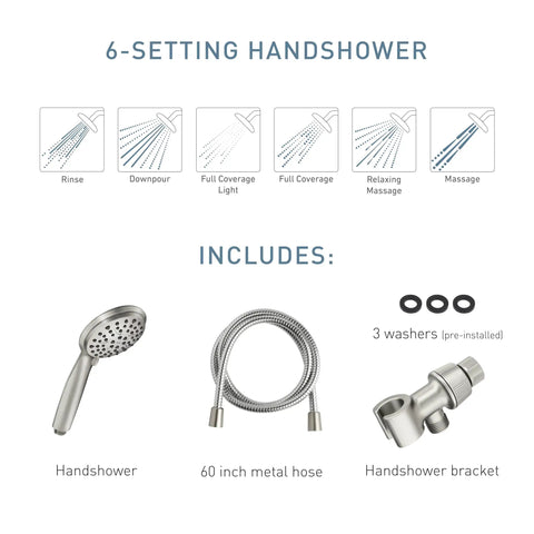 Handheld Shower Head With Hose In Spot Resistant Brushed Nickel Finish 6 Spray Patterns For Full Spray Downpour Relaxing Massage Massage Rinse And More No Sweat Easy Wall Mount Install Built To Last Bathroom Upgrade including handshower, 60 inch metal hose, handshower bracket, washers.