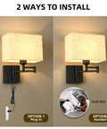 Cozy 9.5 Inch Wall Lamp With USB Port Dimmer Swing Arm Plug In Cord Beige Fabric Shade displays plug-in and hardwire options.