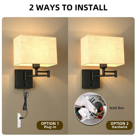 Cozy 9.5 Inch Wall Lamp With USB Port Dimmer Swing Arm Plug In Cord Beige Fabric Shade displays plug-in and hardwire options.