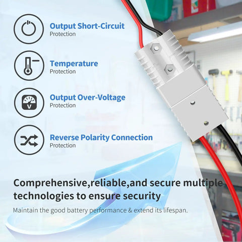Bad Boy 12V 100Ah Lithium Iron Phosphate Battery Featuring Auto Heating Thermal BMS And Integrated 20A Smart Charger showing protection features.