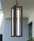 Heavy Duty Black Aluminum Led Outdoor Pendant Light 20 Inch Linear Chandelier in modern design, illuminating patio entryway.