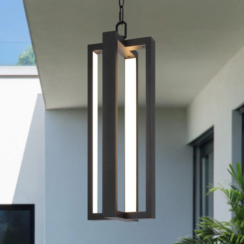 Heavy Duty Black Aluminum Led Outdoor Pendant Light 20 Inch Linear Chandelier in modern design, illuminating patio entryway.