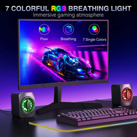 Compact USB Powered PC Speakers with 3.5mm AUX, dual 3W drivers, RGB lighting on desk with gaming monitor and keyboard