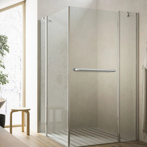 Knockout Finish Single Sided Shower Door Handle In Brushed Nickel, mounted on 24 inch glass doors with modern design.