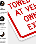 No Parking Violator Will Be Towed Sign Built Tough From Premium Aluminum For Indoor Outdoor Use With Rust Free Construction And High Visibility To Stop Unwanted Parking In Any Lot Garage Or Driveway, angled view with pre-drilled holes