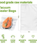 Single-Ply Vacuum Sealer Bags 6x10 Inch Quart Size Pre-Separated Boss-Level Pro Grade BPA Free with salmon inside