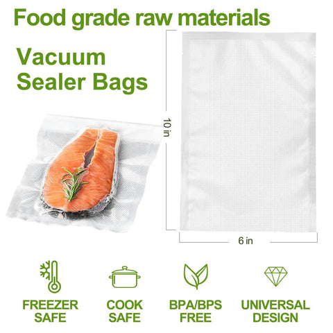 Single-Ply Vacuum Sealer Bags 6x10 Inch Quart Size Pre-Separated Boss-Level Pro Grade BPA Free with salmon inside