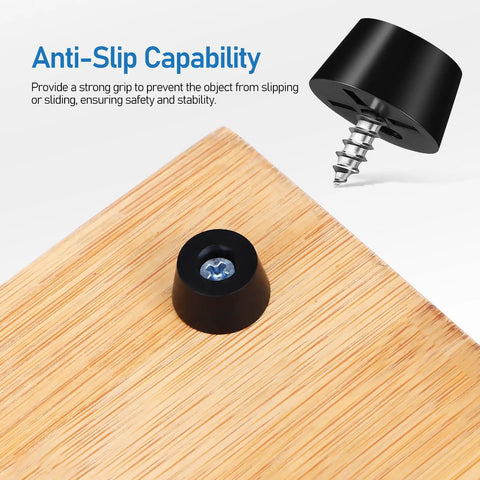 Non Slip Black PVC Furniture Pads Set With Metal Washers, 120 Count, shown on wooden board with anti-skid feature