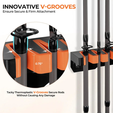 Heavy Duty Vertical Fishing Rod Holder Wall Mounted Rack Hooks Up 15 Large Rods Or Rod And Reel Combos In Just 18 Inches V-Grooves