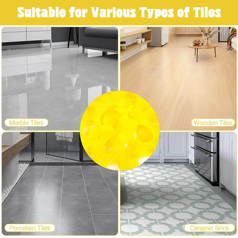 Image showing four types of tile floors: marble, wooden, porcelain, and ceramic brick, illustrating the use of 200 Pack 6 In 1 Hexagon Tile Spacers For DIY Pros, 1mm To 5mm Gaps, Large 2.64 Inch Reusable Plastic Tile Leveling Shims, Color Coded Gap Clips For Wall And Floor Tiling, Easy Fast Removal, Yellow.